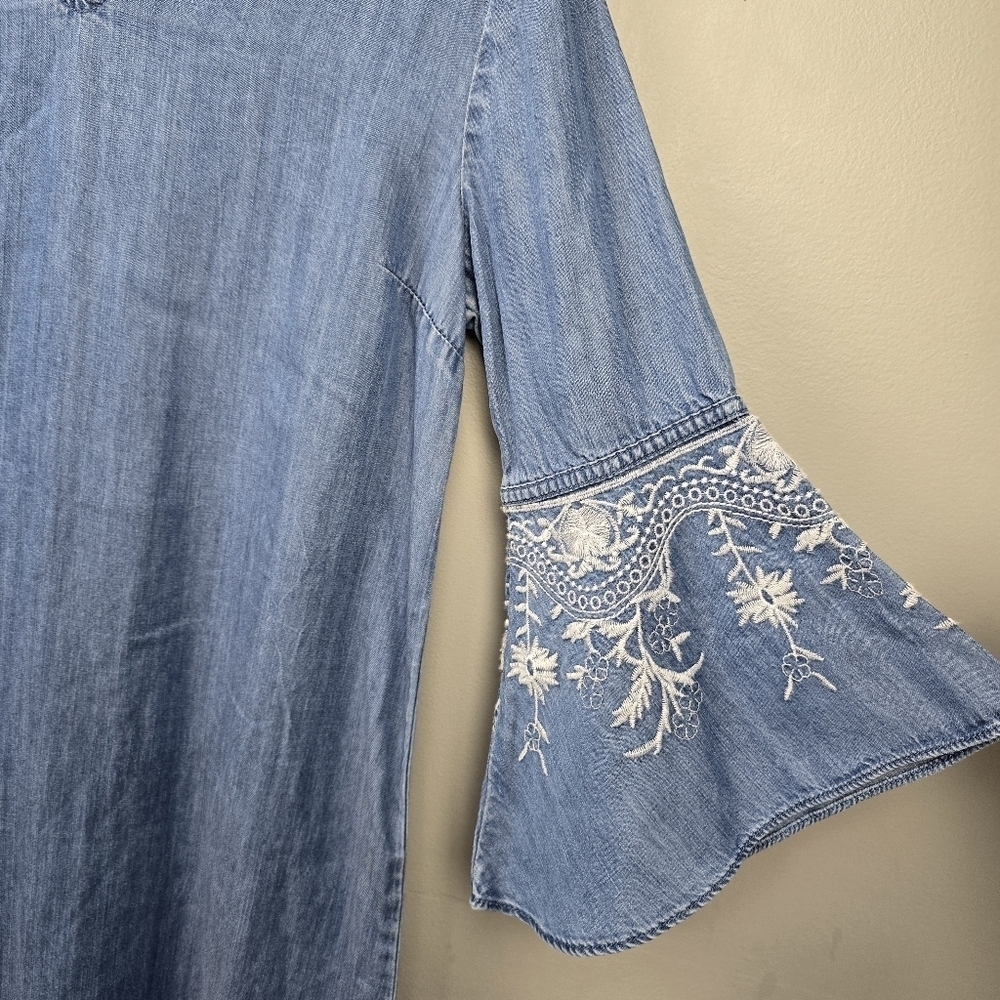 Coastal Western Short Denim Dress Embroidered Ruffle Flared Sleeve Womens Sz M - Picture 5 of 13